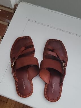 Free People Cognac Leather Crossover Slide Sandals